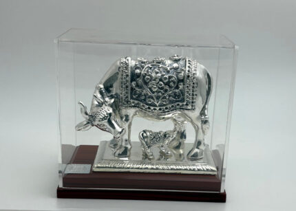 999 Silver Plated Kamdhenu cow with calf. Chaandi cow with calf